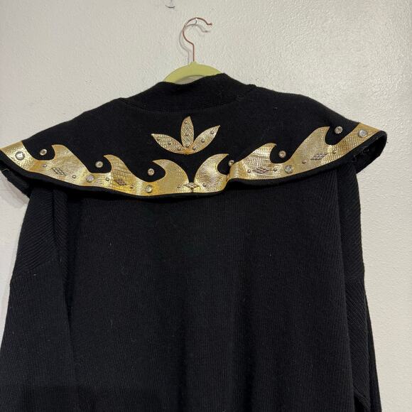 Black Long Line Gold Trim Open Front Vintage Cardigan Sz O/S - Picture 9 of 13